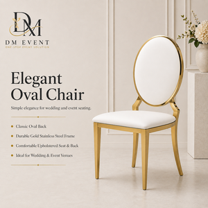 Chaise de banquet ovale de luxe en acier inoxydable doré avec dossier à volutes et coussin blanc pour la location d'événements hôteliers - Product Image 1