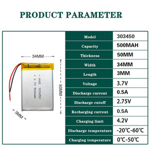 3mm मोटाई रिचार्जेबल लाइपो बैटरी 303450 के लिए 3.7v 500mah 1.85wh इलेक्ट्रॉनिक उत्पाद - Product Image 3