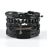 2021 New Trendy Men's Leather Cross Charm Multilayer Braided Wrap Bracelet For Jesus