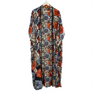 Bata Larga Estampada Floral para Mujer, Viscosa y Poliéster, Estilo Casual, Primavera, Manga Larga, Sin Cuello, Estilo Kimono - Product Image 1