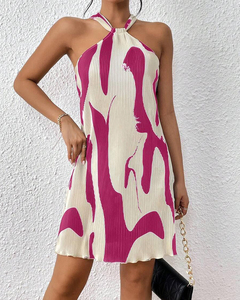 Belle robe d'été pour femmes imprimé licou cou robe plissée Mini tenue décontractée fête rencontres - Product Image 1