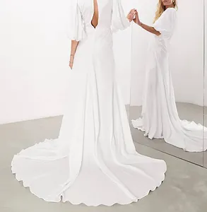 Vestido formal de mangas curtas de cetim, vestido envoltório frontal de cetim elegante feminino costas abertas vestido de casamento