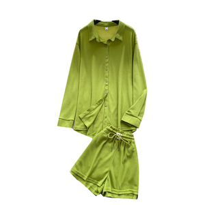 Completo da <span class=keywords><strong>donna</strong></span> primaverile autunnale casual in <span class=keywords><strong>maglia</strong></span> waffle, 2 pezzi: camicia a maniche lunghe con bottoni e pantaloncini con coulisse in vita, loungewear - Product Image 5