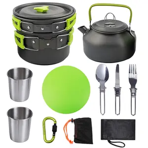 Juego de comedor al aire libre, ollas, sartenes, tetera, equipo de Camping, juego de vajilla antiadherente, Kit de utensilios de cocina para acampar