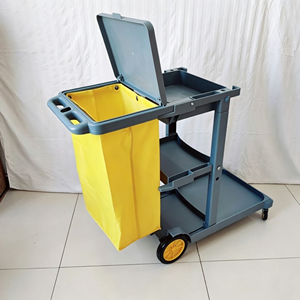 Chariot de nettoyage utilitaire pour l'entretien ménager, chariot de service mobile pour concierges avec porte-sacs poubelles, seau amovible, étagère multi-niveaux - Product Image 4