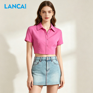 Ensemble 2 pièces pour femmes LANCAI, chemise courte à manches courtes boutonnée + jupe mini en jean taille haute, ensemble décontracté pour l'été, streetwear - Product Image 3