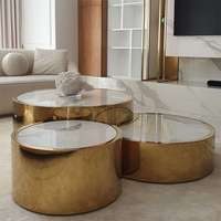Meubles de salon, table basse ronde en verre et acier inoxydable, ensemble de table basse de luxe, tables basses dorées