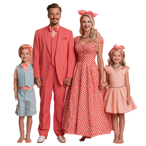 Ensembles assortis rétro pour la famille, robe à pois bordeaux pour maman, costume pour papa, gilet pour garçon, robe courte pour fille, pour séance photo, mariage - Product Image 6