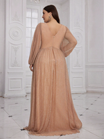 Robe de soirée élégante pour femmes grandes tailles, couleur champagne, col en V, manches longues lanternes, broderie brillante, coupe ajustée, style A-line