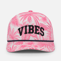 Gorra de béisbol OEM con diseño de 5 paneles en forma de A, logotipo bordado en 3D personalizado, sombrero con cuerda, estampado floral tropical rosa, bordado 3D en relieve