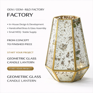 Glass Home Decor Antique Mirror Vintage Brass Metal Mercury Glass Pillar <strong>Candle</strong> Lantern Geometric Tabletop Lantern - Product Image 1