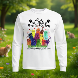 Camiseta de manga larga con estampado de gatos para amantes de los gatos, con la frase: "Los gatos me traen alegría, los humanos me hacen doler la cabeza" - Product Image 3