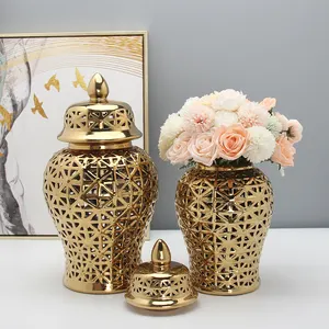 J141G Luxury Porcelain Gold Jar For Decoration Ceramic Hollow Out Jar Decor Temple Gold Jar