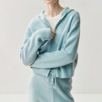 Ensemble de vêtements de détente en cachemire côtelé de luxe personnalisé, deux pièces, cardigan à capuche zippé, pantalon large à cordon de serrage, confortable et chaud