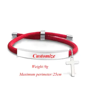Ywganggu Stainless Steel Custom Hand Woven Red Cross Bracelets For Men Women Cotton Rope Adjustable Charm Letter Bracelets