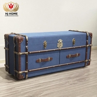 HJ HOME Mobilier de luxe pour la maison Coffre vintage bleu en toile cirée style steamer, coffre de voyage antique, table basse de rangement