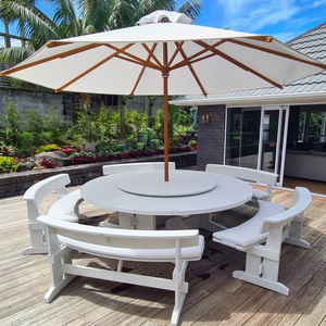 Ensemble de table de jardin en teck tropical rond, mobilier de salle à manger d'extérieur avec sièges rembourrés pour 10 personnes et parasol - Product Image 1