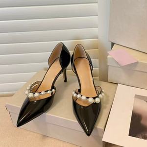 Elegantes Zapatos de Tacón Alto Blancos para Novia, con Correa de Perlas, Transpirables, Cómodos, con Punta en Pico, para Boda, Verano, Moda - Product Image 1