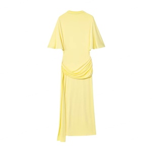 Vestido Largo Casual de Primavera con Cuello Redondo, Manga Corta, Amarillo, Plisado, Cintura Natural, Antiarrugas, Silueta Lápiz de Moda - Product Image 1