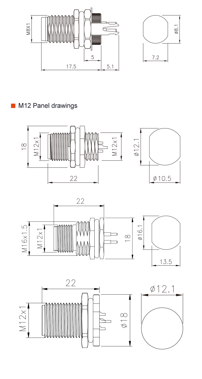 CuZn TPU M12 Panel Mount Connector IP68 M12 Series Connector With Wire Terminal Fasten