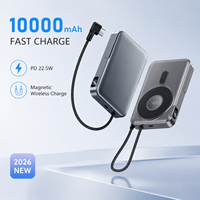 Batterie externe magnétique sans fil 10000 mAh avec support, câble intégré, charge rapide PD22.5W, chargeur portable pour mobile