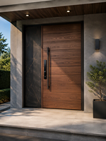 Porte d'entrée en bois grainé avec panneau latéral aspect marbre, serrure à clavier, porte extérieure moderne pour villa, appartement ou maison