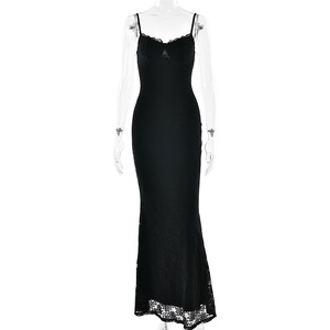 Vestido largo ajustado de encaje con escote festoneado y espalda descubierta para mujer, color liso, poliéster, origen Yiwu FDC1377 - Product Image 5