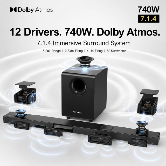 7.1.4 Dolby Atmos Home Theater System 740W Soundbar with 12 Drivers, Wireless Rear Speakers and Subwoofer