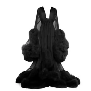 King Mcgreen Star Lencería Sexy, Bata Transparente con Plumas para Mujer, Vestido de Noche con Manga Trompeta y Cola, Transparente - Product Image 5