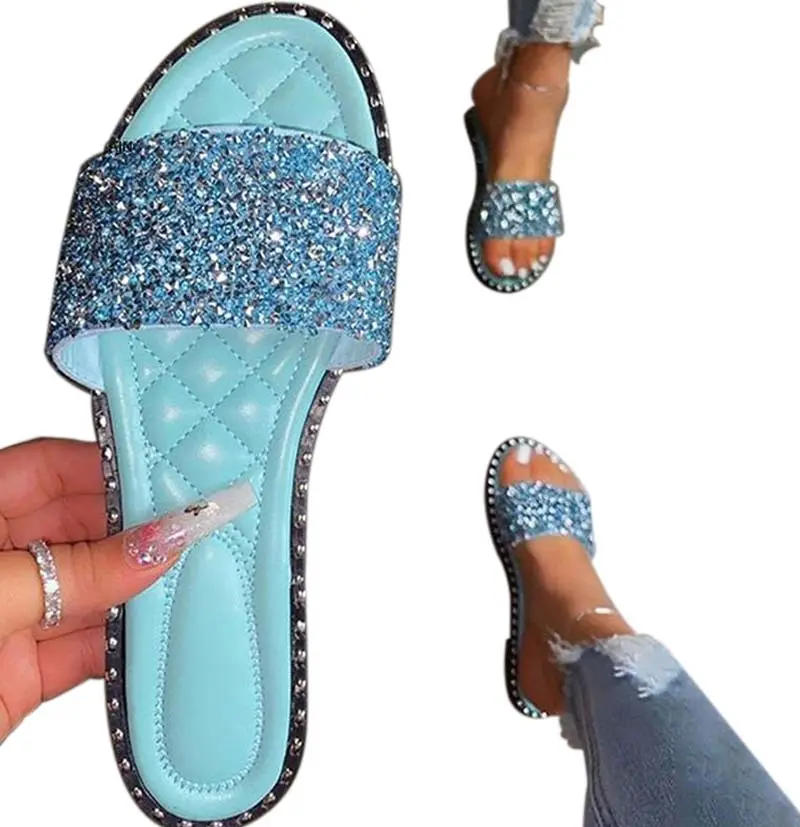 Sandal wanita ukuran besar PU, sandal wanita ukuran Plus, sandal pantai luar ruangan, sandal selop Glitter datar kristal mode 2022