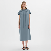 Robe midi décontractée bleu-gris pour femme, col à cordon, manches courtes, boutonnée sur le devant, coupe ample, idéale pour le quotidien, personnalisable OEM