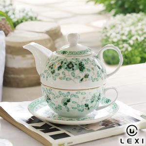 Service à thé en céramique élégant à motif floral vert avec <span class=keywords><strong>théière</strong></span>, <span class=keywords><strong>tasse</strong></span> et soucoupe pour le thé de l'après-midi, décoration de la maison et cadeaux - Product Image 1