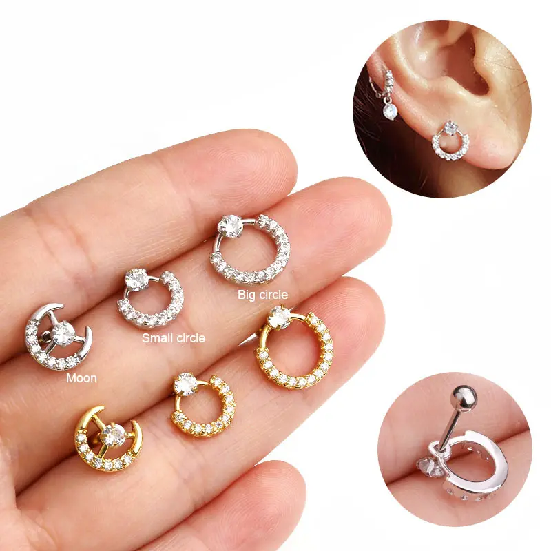 Luckyyw — boucles d'oreilles soleil lune, petit cercle, Piercing, Cartilage, oreille en or, accessoires pour femmes