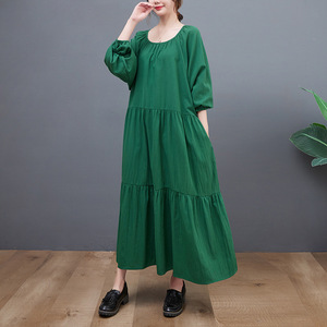 <span class=keywords><strong>Robe</strong></span> décontractée en coton lin vert uni pour femmes hiver automne Maxi avec col rond manches longues bouffantes ceinture poches-mode respirante - Product Image 3