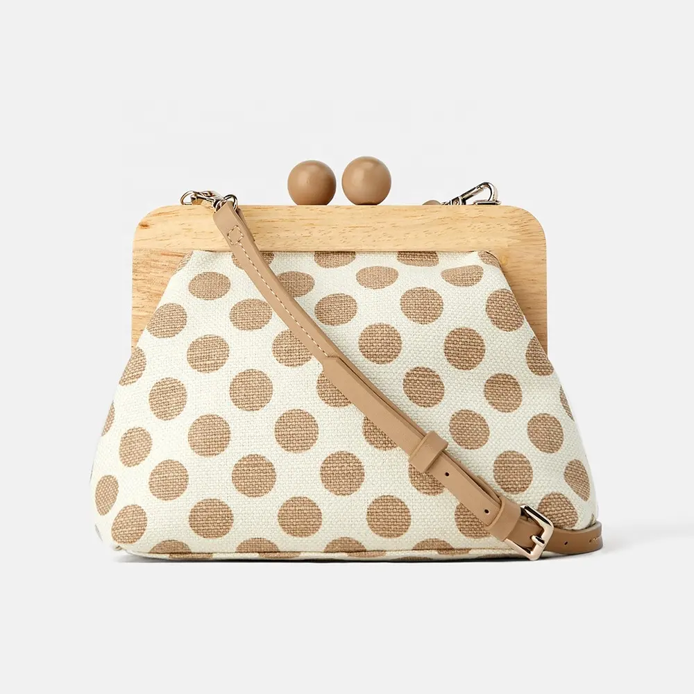 Wood Kiss Lock Closure Tas Tangan Wanita, Tas Bahu Selempang Kanvas Baru Modis Polka Dot