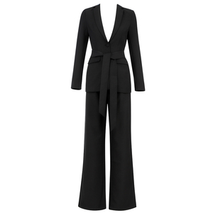 Completo da Donna Elegante per Ufficio <span class=keywords><strong>con</strong></span> Pantaloni a Gamba Larga e Blazer, Set Due Pezzi Nero <span class=keywords><strong>con</strong></span> <span class=keywords><strong>Cintura</strong></span> - Product Image 5