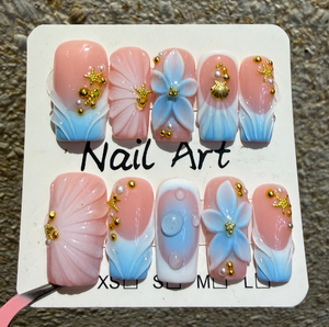 TSZS <span class=keywords><strong>Faux</strong></span> <span class=keywords><strong>ongles</strong></span> à presser 3D style océan, motif floral sculpté, faits main, 10 pièces, magnifiques, de luxe, personnalisés, carrés, réutilisables, en gel - Product Image 3