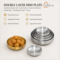 Assiette à double couche en acier inoxydable, qualité alimentaire, empilable, moderne, écologique, compatible lave-vaisselle, usage commercial, or, argent