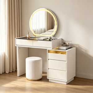 Ensemble coiffeuse extensible avec plateau en verre noir, miroir LED rond, tiroir de rangement divisé, base dorée cannelée et tabouret – Bureau de maquillage pour chambre - Product Image 2