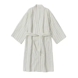 Hochwertige gestreifte Kimono Leinen Senf Kurzarm Damen Damen Faux Leinen lange Roben