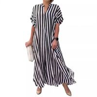 Gaun Kasual Wanita Musim Panas 2026, Bahan Tenun, Panjang Selutut, Lengan Pendek, Longgar, Model Gemuk, Merah Putih Bergaris, Serbaguna & Stylish