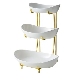 3 tiers ceramic fruit candy dish tray with metal stand