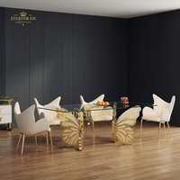 Ensemble de table à manger moderne de luxe, table à manger en acier inoxydable doré en forme de papillon, plateau en verre trempé