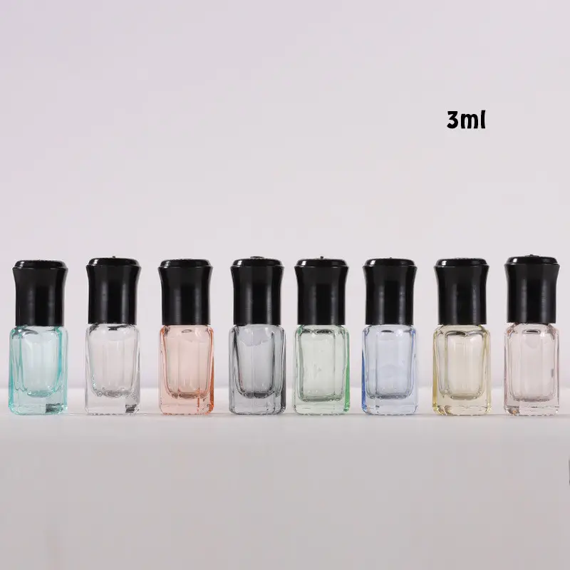 3ml New design octagon roll on perfume travel glass bottle cosmetic essential oil colorful bottle pink green color