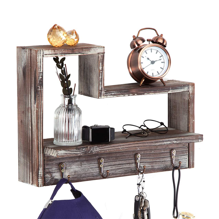 Custom Decorative Leash Hanger Display Key Holder Rustic Wood Hanging Entryway Coat Wall Rack With Shelf