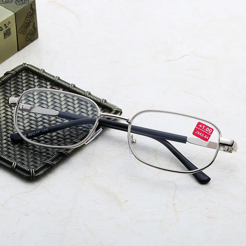 Óculos unissex novo design de fábrica, óculos de leitura com material de vidro, lente de metal, armação completa, retangular para idosos