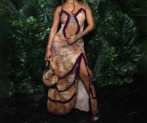 ZHEZHE été froufrous licou maille imprimé découpé dos nu fendu Maxi <span class=keywords><strong>robe</strong></span> femmes élégant froncé dentelle Sexy robes transparentes - Product Image 1