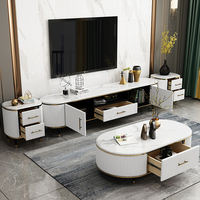 Prix d'usine : Ensemble de meubles de salon comprenant une table basse ronde en bois et métal avec plateau en ardoise et un meuble TV vert
