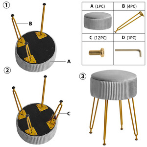 Petit pouf de rangement, repose-pieds, tabouret de maquillage en <span class=keywords><strong>velours</strong></span> <span class=keywords><strong>gris</strong></span> pour salle de maquillage, tabouret de maquillage pas cher avec pieds dorés - Product Image 5