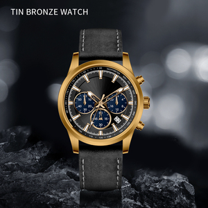 Reloj cronógrafo solar de bronce para hombre, movimiento de cuarzo solar japonés VR32, 50 m resistente al agua, correa de cuero genuino. - Product Image 1